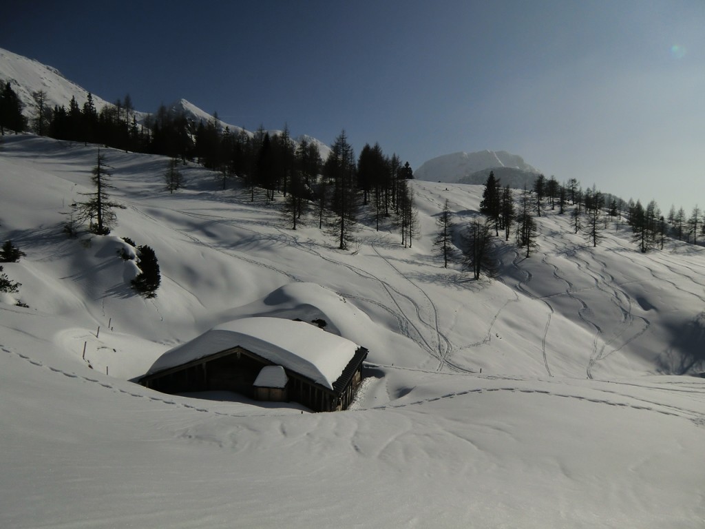 eingeschneite Berghütten im Jennergebiet