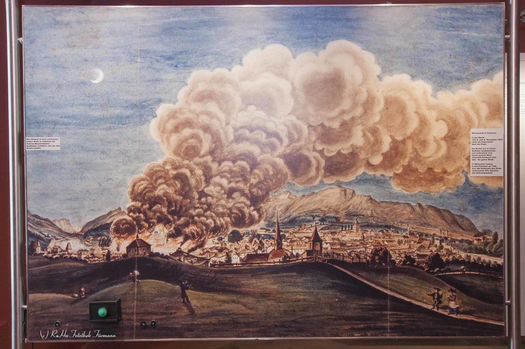 großer Stadtbrand 1834 - Bad Reichenhall Gemälde hängt im Salzmuseum der Alten Saline