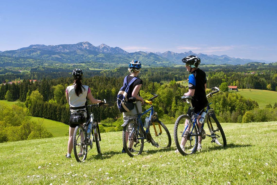 Mountainbiker stehen im Panorama mit Blick auf die Chiemgauer Berge mit Hochfelln und Hochgern