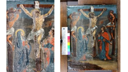 Das Gemälde „Die Kreuzigung“ vor und während der Restaurierung © Bayerische Schlösserverwaltung